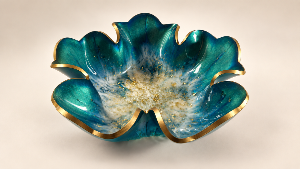 Teal and gold Mermaid resin bowl by Melissa Spade of Lowtide Studio, centered against a warm neutral background.